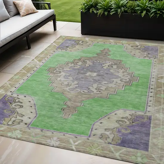 Lime Green Lavender And Brown Geometric Washable Indoor Outdoor Area Rug Photo 2