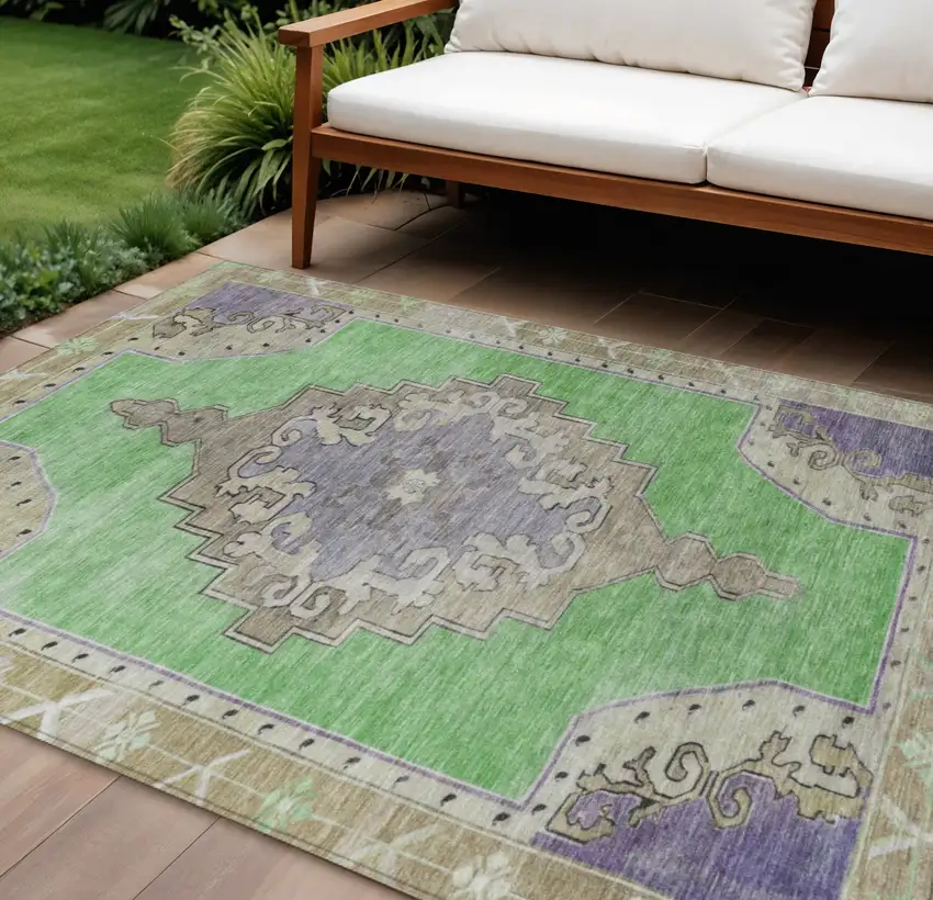 Lime Green Lavender And Brown Geometric Washable Indoor Outdoor Area Rug Photo 2