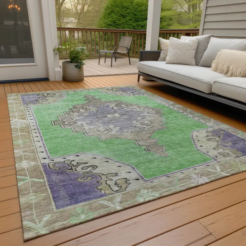 Lime Green Lavender And Brown Geometric Washable Indoor Outdoor Area Rug Photo 9