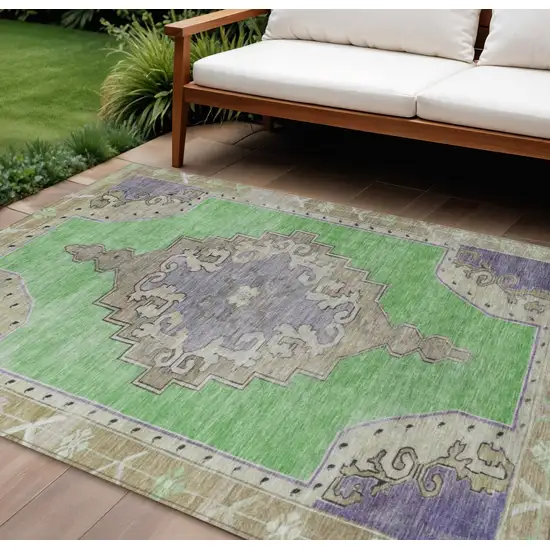 Lime Green Lavender And Brown Geometric Washable Indoor Outdoor Area Rug Photo 2
