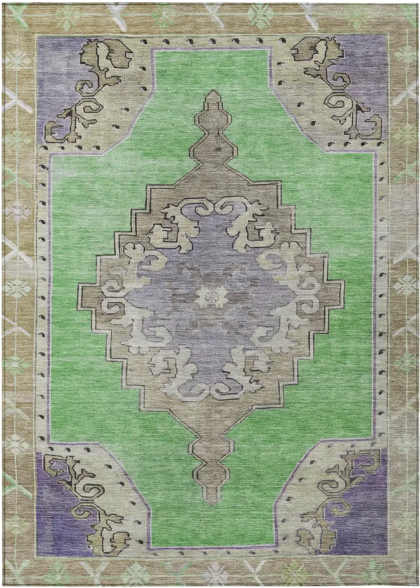 Lime Green Lavender And Brown Geometric Washable Indoor Outdoor Area Rug Photo 1