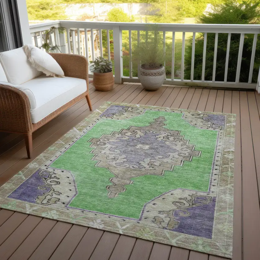 Lime Green Lavender And Brown Geometric Washable Indoor Outdoor Area Rug Photo 6