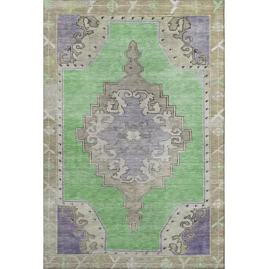 Lime Green Lavender And Brown Oriental Washable Area Rug With UV Protection Photo 3