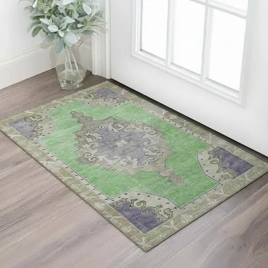 Lime Green Lavender And Brown Oriental Washable Area Rug With UV Protection Photo 2