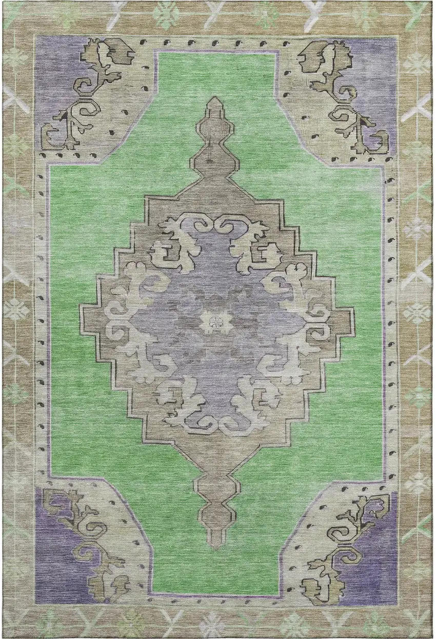 Lime Green Lavender And Brown Oriental Washable Area Rug With UV Protection Photo 3
