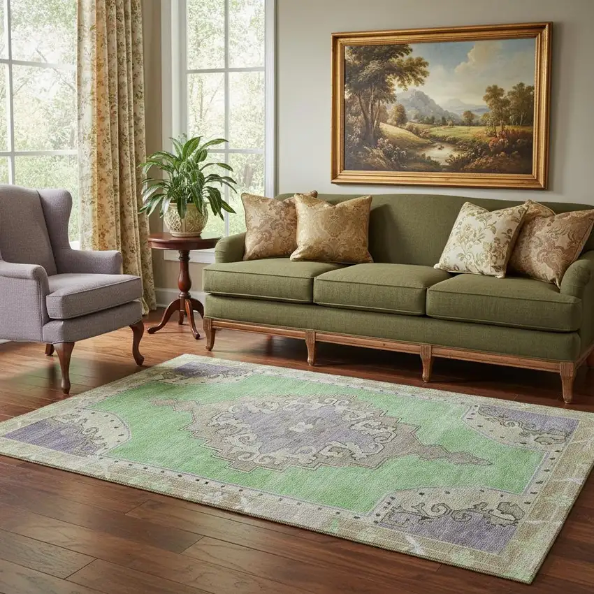 Lime Green Lavender And Brown Oriental Washable Area Rug With UV Protection Photo 2