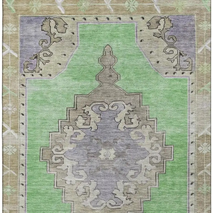 Lime Green Lavender And Brown Oriental Washable Area Rug With UV Protection Photo 2