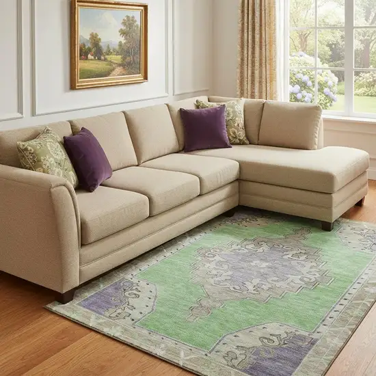 Lime Green Lavender And Brown Oriental Washable Area Rug With UV Protection Photo 2