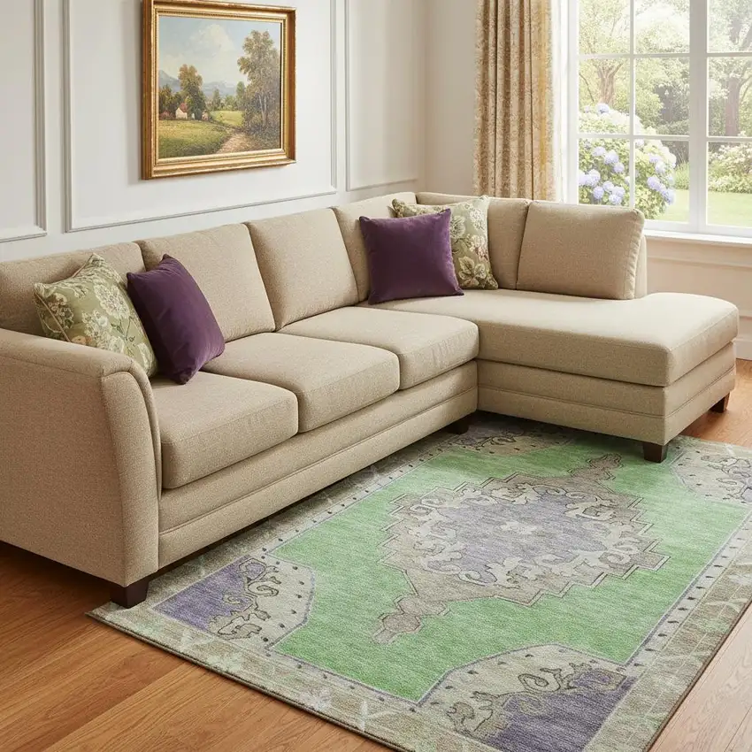 Lime Green Lavender And Brown Oriental Washable Area Rug With UV Protection Photo 2