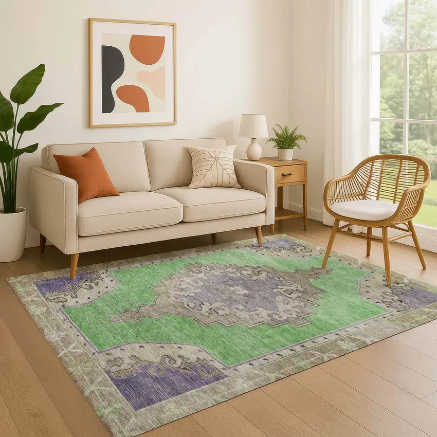 Lime Green Lavender And Brown Oriental Washable Area Rug With UV Protection Photo 4