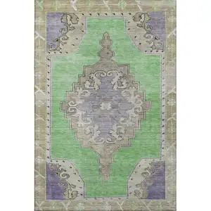 Photo of Lime Green Lavender And Brown Oriental Washable Area Rug With UV Protection