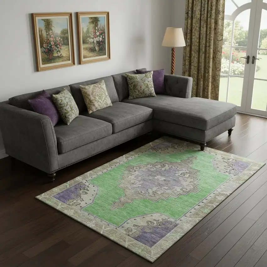 Lime Green Lavender And Brown Oriental Washable Area Rug With UV Protection Photo 2