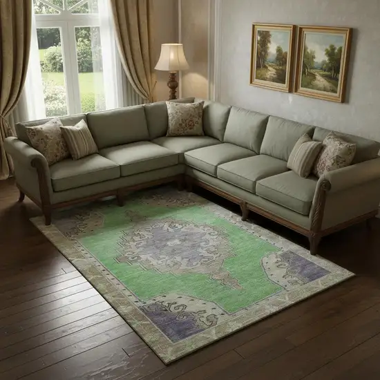 Lime Green Lavender And Brown Oriental Washable Area Rug With UV Protection Photo 2