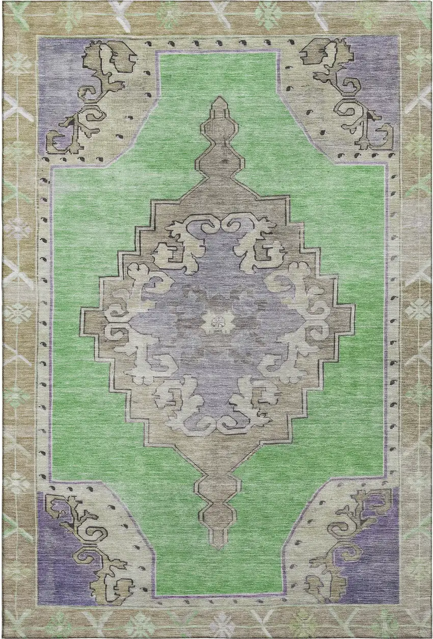 Lime Green Lavender And Brown Oriental Washable Area Rug With UV Protection Photo 1