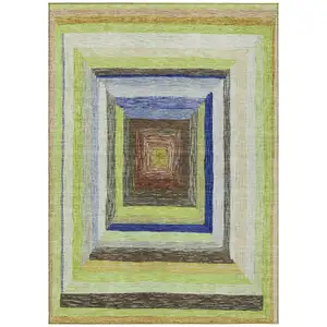 Photo of Lime Green Navy Blue And Brown Geometric Washable Indoor Outdoor Area Rug