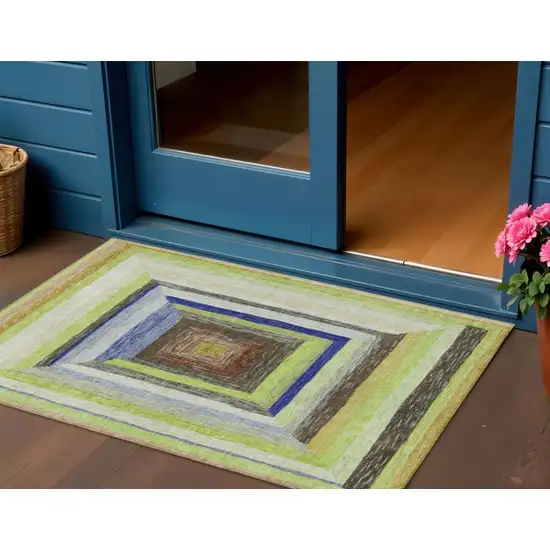 Lime Green Navy Blue And Brown Geometric Washable Indoor Outdoor Area Rug Photo 2
