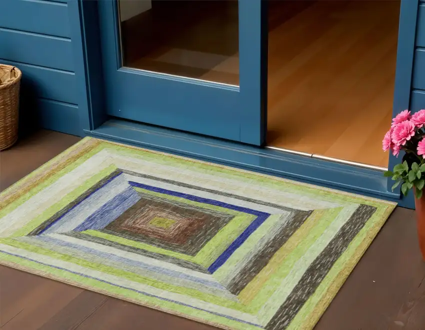 Lime Green Navy Blue And Brown Geometric Washable Indoor Outdoor Area Rug Photo 2