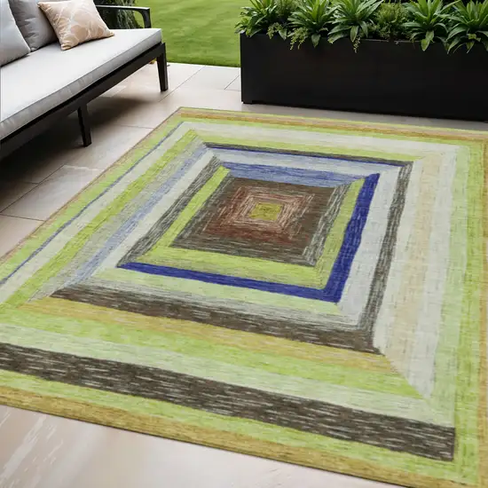 Lime Green Navy Blue And Brown Geometric Washable Indoor Outdoor Area Rug Photo 2