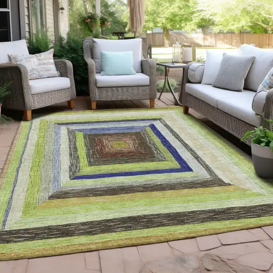 Lime Green Navy Blue And Brown Geometric Washable Indoor Outdoor Area Rug Photo 6