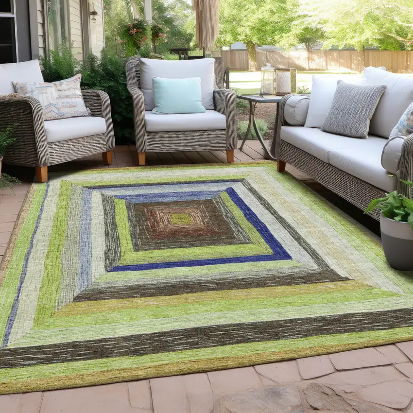 Lime Green Navy Blue And Brown Geometric Washable Indoor Outdoor Area Rug Photo 6