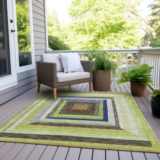 Lime Green Navy Blue And Brown Geometric Washable Indoor Outdoor Area Rug Photo 9