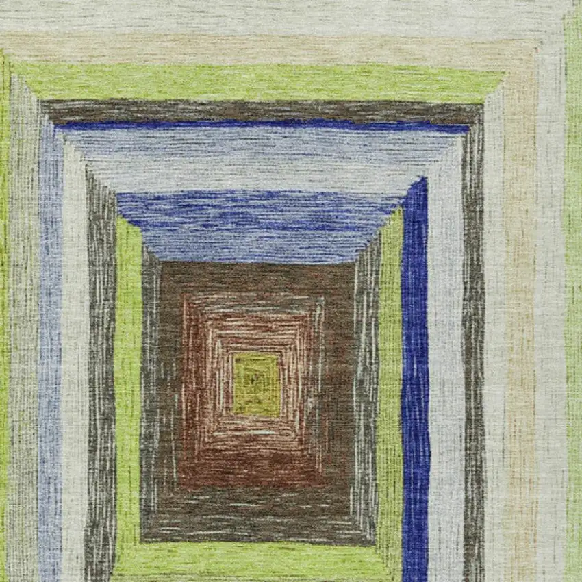 Lime Green Navy Blue And Brown Geometric Washable Indoor Outdoor Area Rug Photo 4