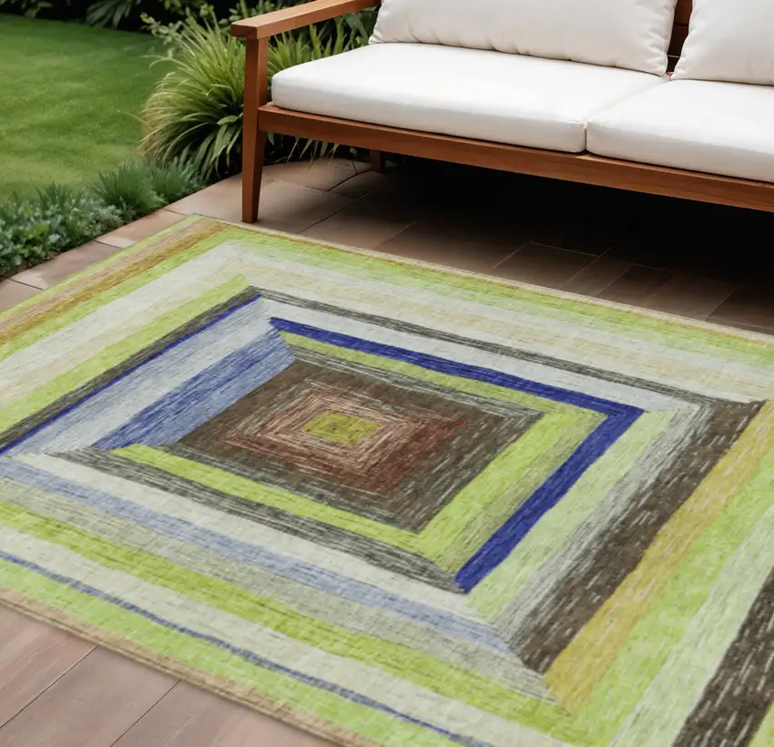 Lime Green Navy Blue And Brown Geometric Washable Indoor Outdoor Area Rug Photo 2