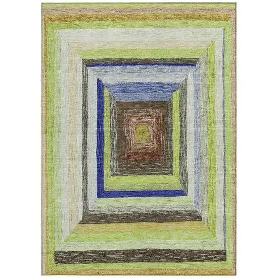 Lime Green Navy Blue And Brown Geometric Washable Indoor Outdoor Area Rug Photo 3