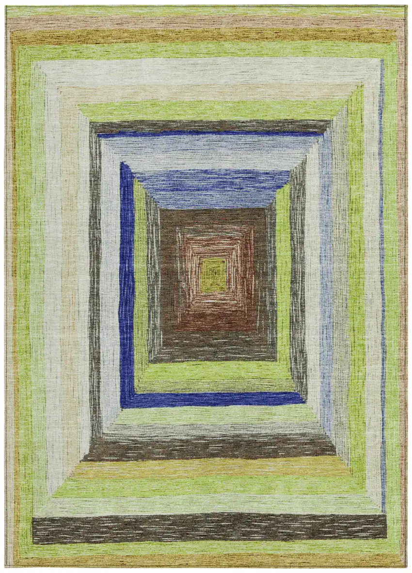 Lime Green Navy Blue And Brown Geometric Washable Indoor Outdoor Area Rug Photo 3