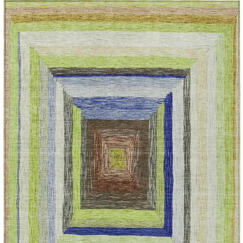 Lime Green Navy Blue And Brown Geometric Washable Indoor Outdoor Area Rug Photo 4