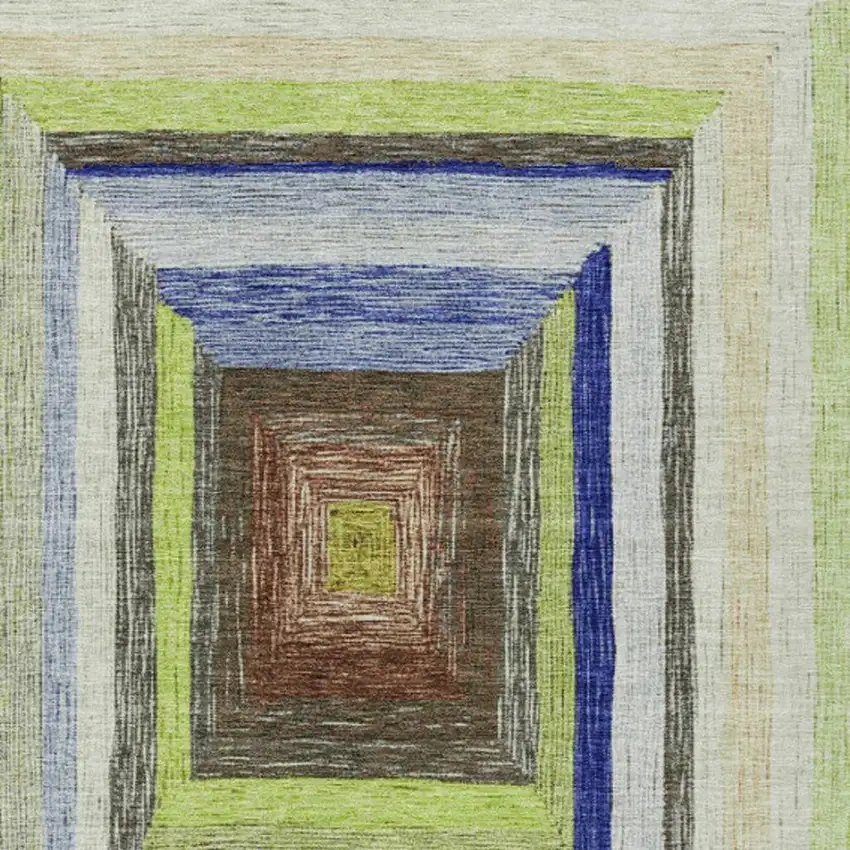 Lime Green Navy Blue And Brown Geometric Washable Indoor Outdoor Area Rug Photo 3