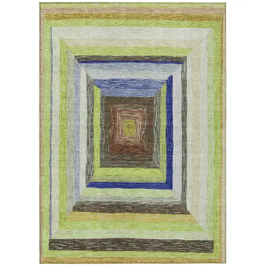 Lime Green Navy Blue And Brown Geometric Washable Indoor Outdoor Area Rug Photo 1