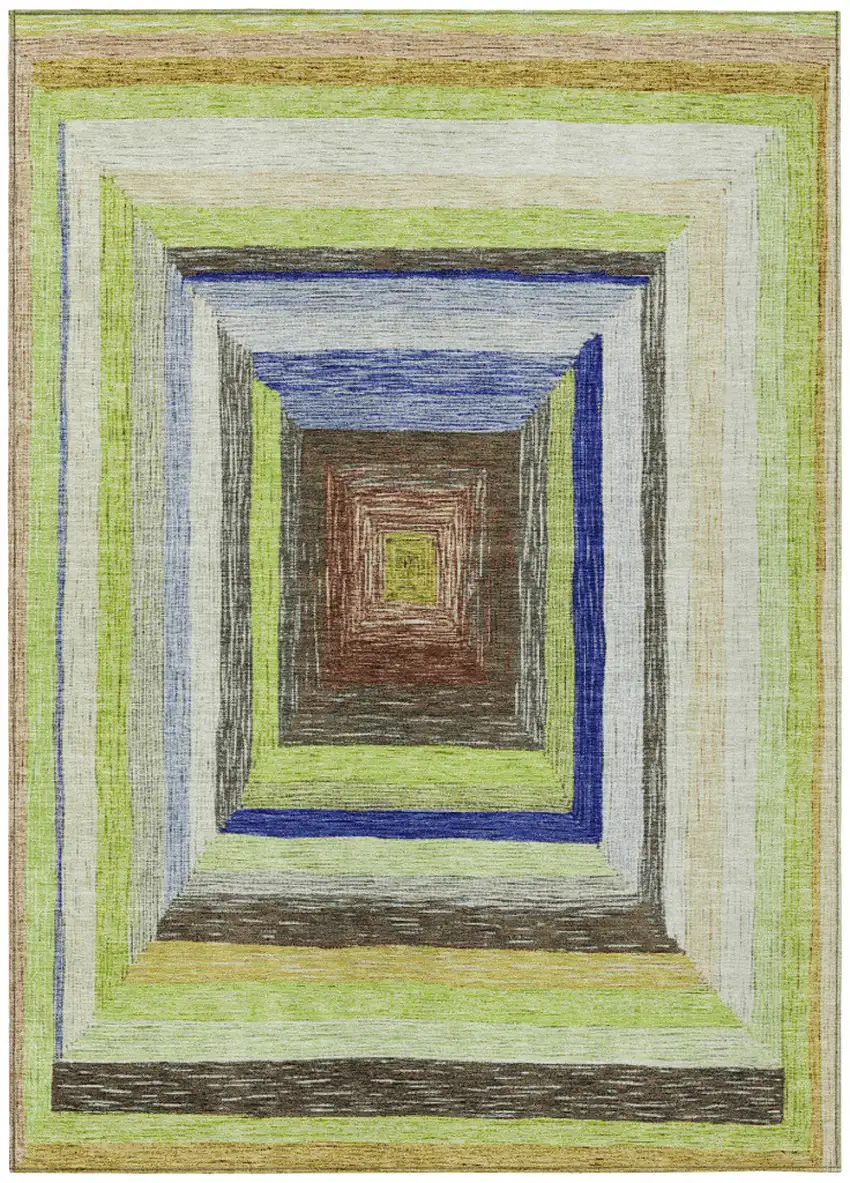 Lime Green Navy Blue And Brown Geometric Washable Indoor Outdoor Area Rug Photo 1