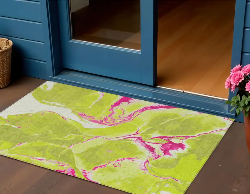 Lime Green Neon Pink And Ivory Abstract Washable Indoor Outdoor Area Rug Photo 1