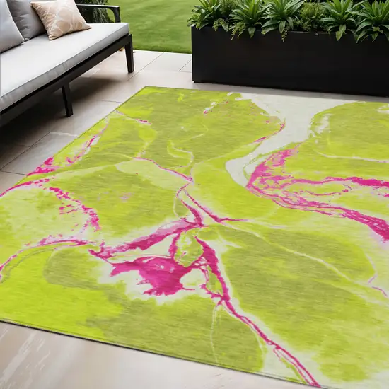 Lime Green Neon Pink And Ivory Abstract Washable Indoor Outdoor Area Rug Photo 1