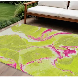 Photo of Lime Green Neon Pink And Ivory Abstract Washable Indoor Outdoor Area Rug