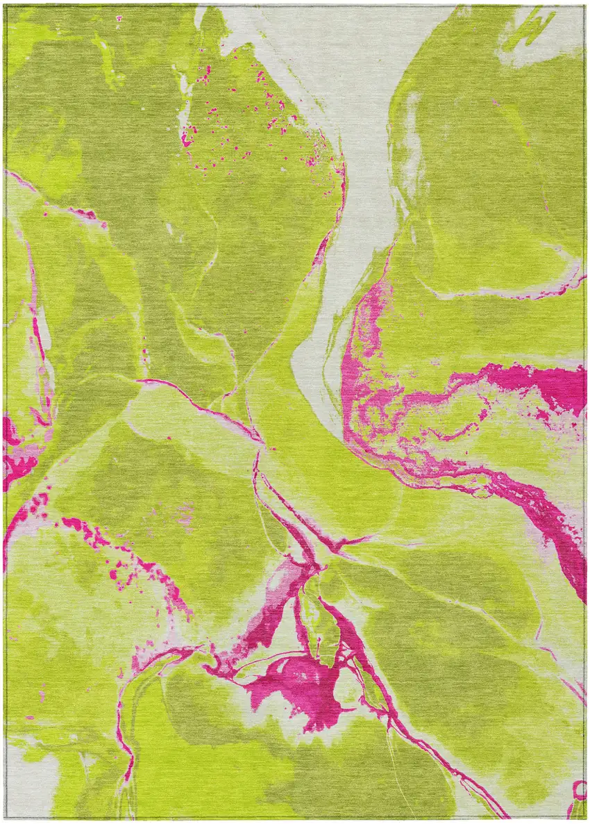 Lime Green Neon Pink And Ivory Abstract Washable Indoor Outdoor Area Rug Photo 2