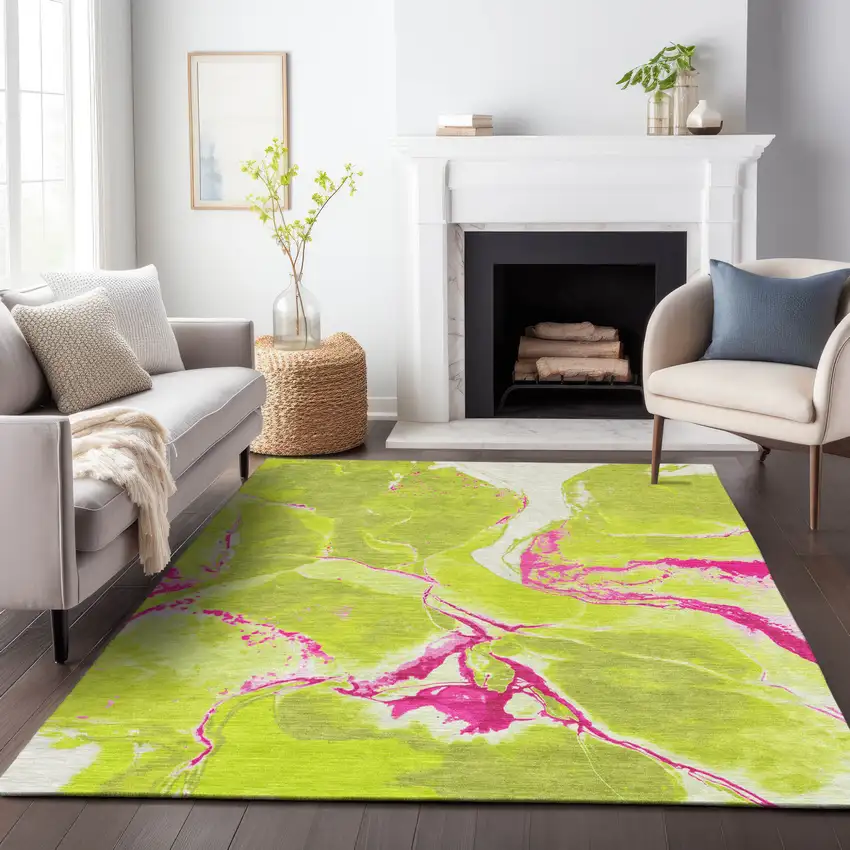 Lime Green Neon Pink And Ivory Abstract Washable Indoor Outdoor Area Rug Photo 9