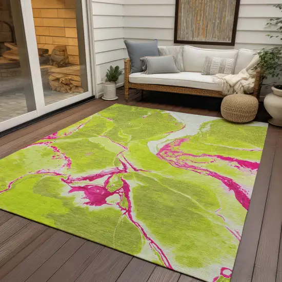 Lime Green Neon Pink And Ivory Abstract Washable Indoor Outdoor Area Rug Photo 8