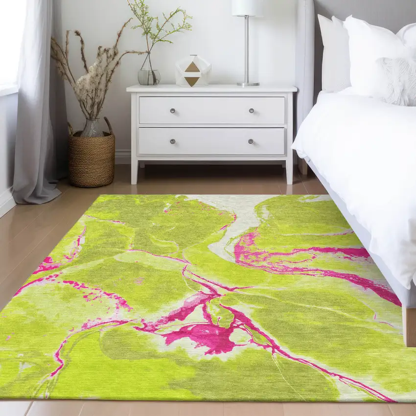 Lime Green Neon Pink And Ivory Abstract Washable Indoor Outdoor Area Rug Photo 9