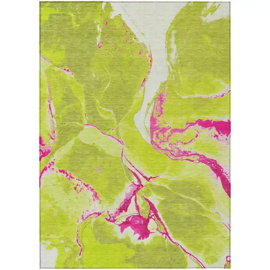 Lime Green Neon Pink And Ivory Abstract Washable Indoor Outdoor Area Rug Photo 2