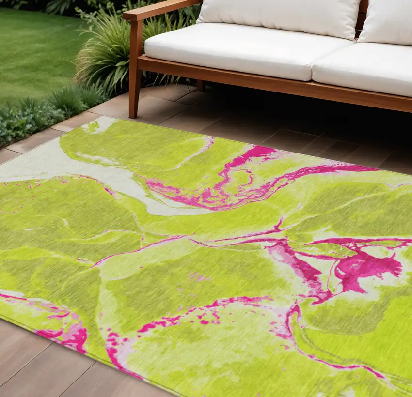 Lime Green Neon Pink And Ivory Abstract Washable Indoor Outdoor Area Rug Photo 1