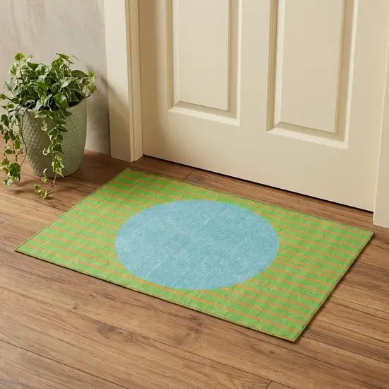 Lime Green Orange And Teal Striped Washable Area Rug With UV Protection Photo 1
