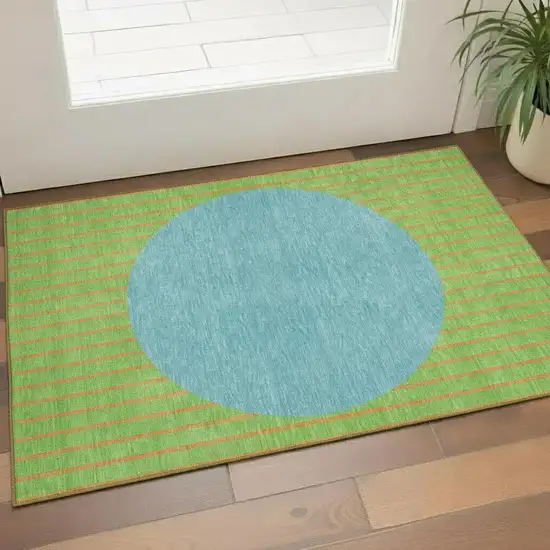Lime Green Orange And Teal Striped Washable Area Rug With UV Protection Photo 2