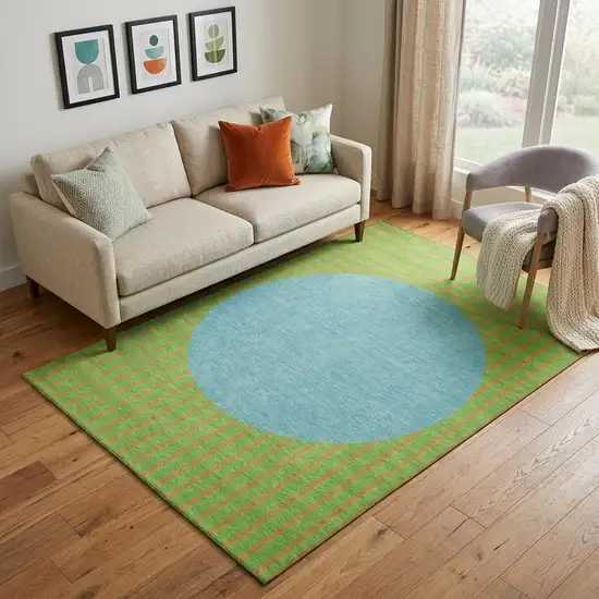 Lime Green Orange And Teal Striped Washable Area Rug With UV Protection Photo 1