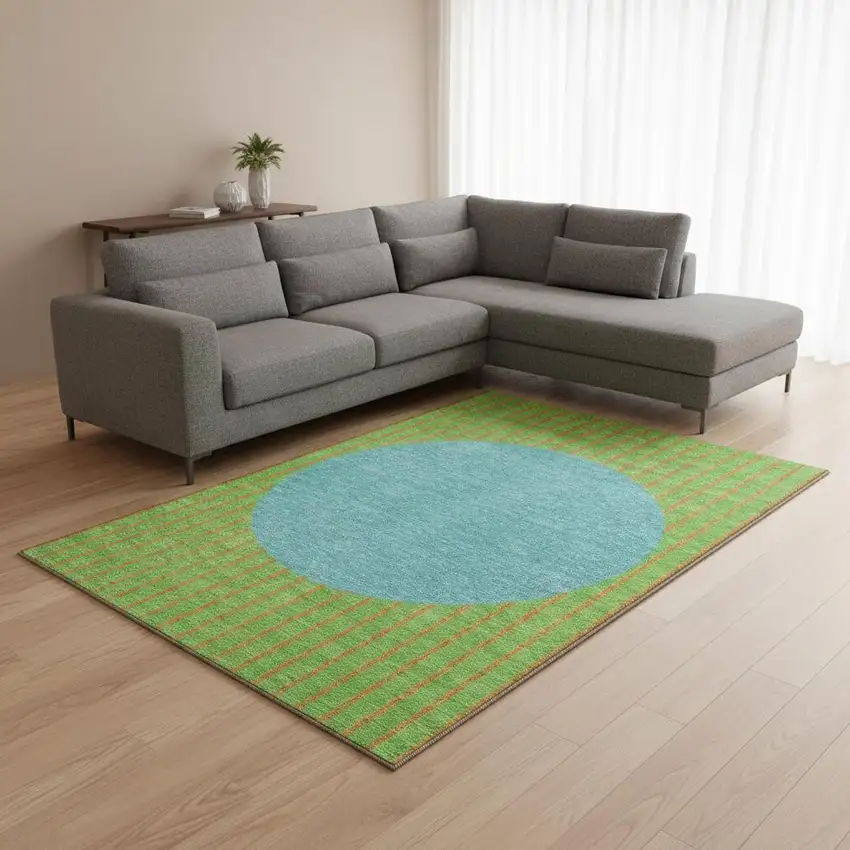 Lime Green Orange And Teal Striped Washable Area Rug With UV Protection Photo 2