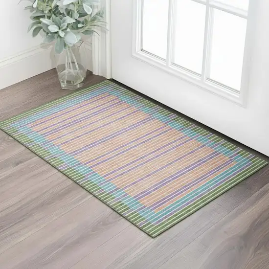 Lime Green Peach Teal And Purple Striped Washable Area Rug With UV Protection Photo 2