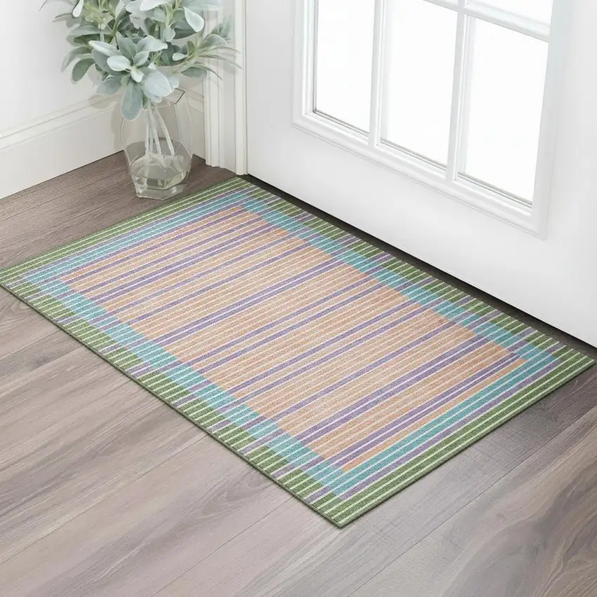 Lime Green Peach Teal And Purple Striped Washable Area Rug With UV Protection Photo 2