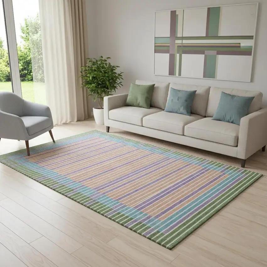 Lime Green Peach Teal And Purple Striped Washable Area Rug With UV Protection Photo 2