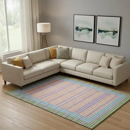 Lime Green Peach Teal And Purple Striped Washable Area Rug With UV Protection Photo 2